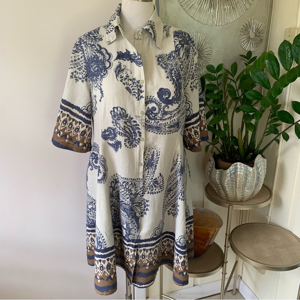 Blue and White Paisley Shirt Dress